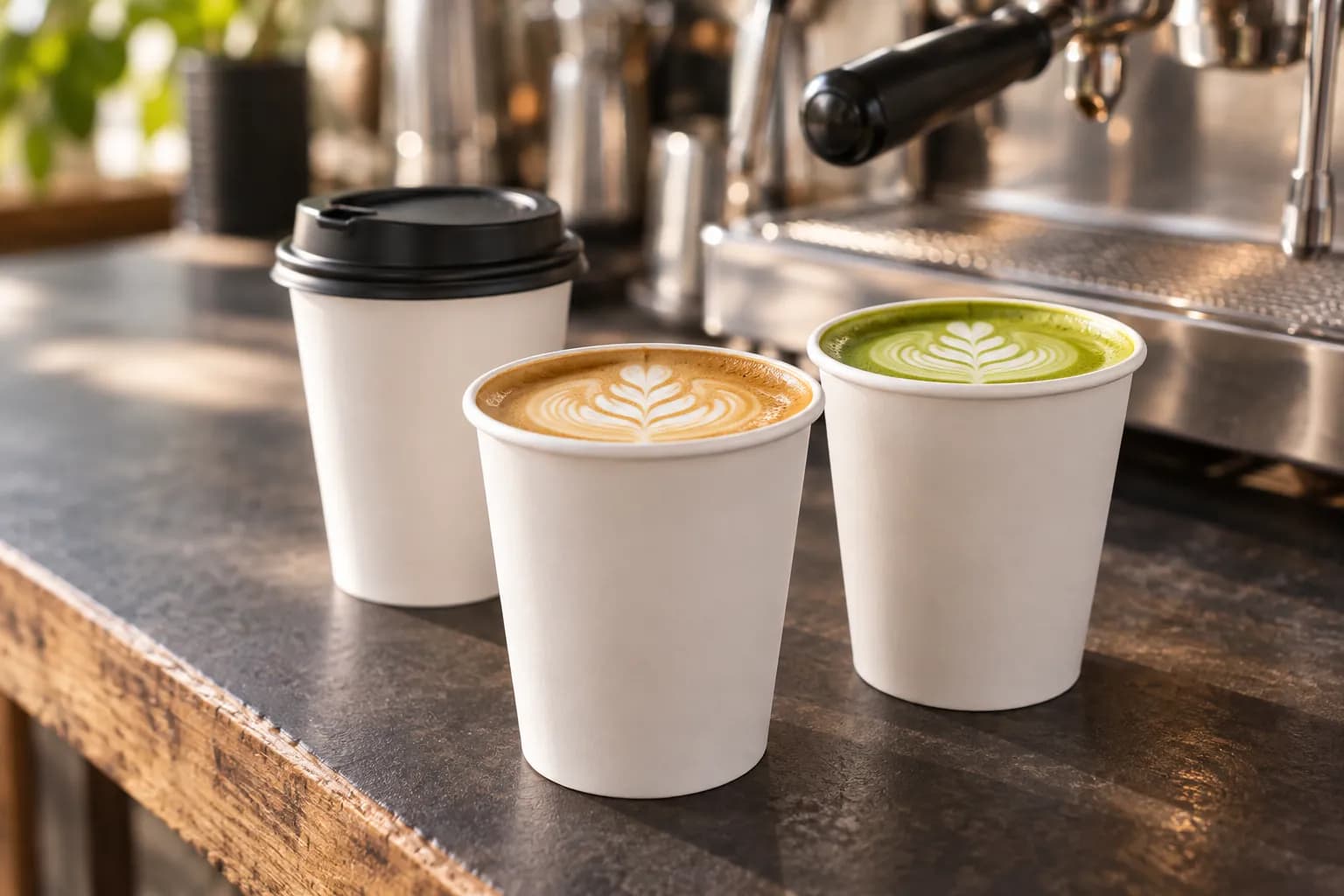 Kaffee in weißen Pappbechern auf dunkler Theke