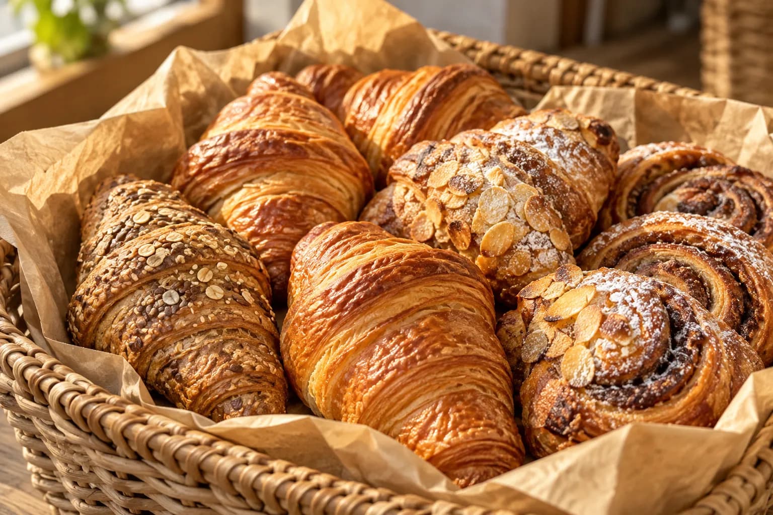Frische Croissants im Weidenkorb